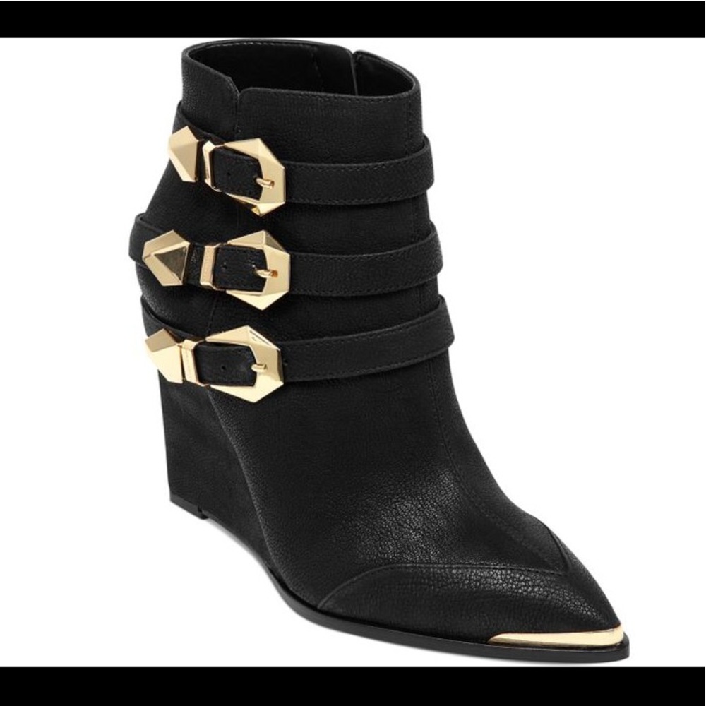 Vince Camuto Black Wedge Bootie w Gold Buckles